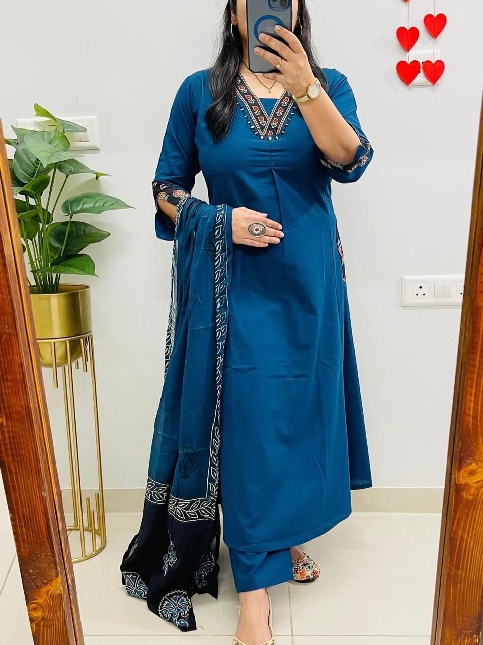 Neelaya Blue Printed Cotton Suit Set with Mulmul Dupatta