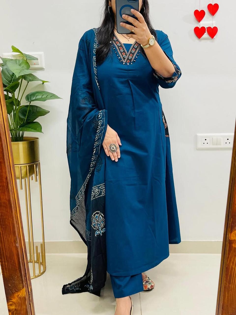 Neelaya Blue Printed Cotton Suit Set with Mulmul Dupatta