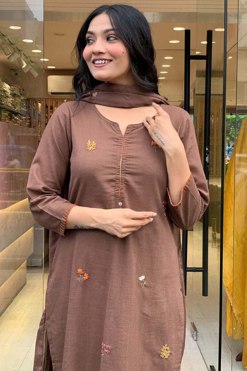 Beautiful Light Brown Mist Embroidered Suit Set