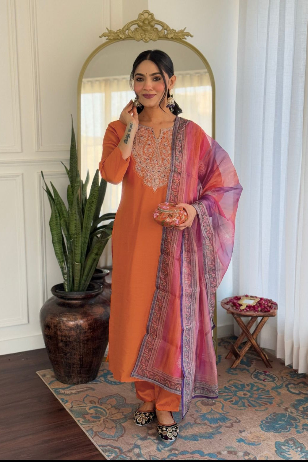 Aarvi Orange Rayon Embroidered Dupatta Set