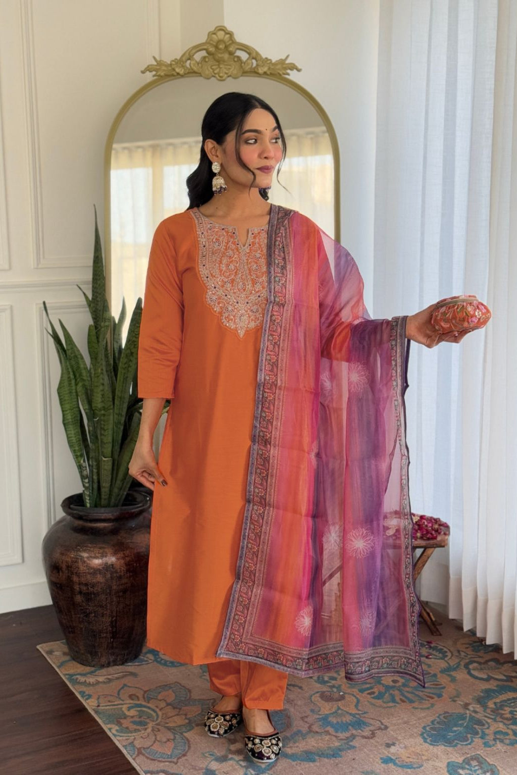 Aarvi Orange Rayon Embroidered Dupatta Set