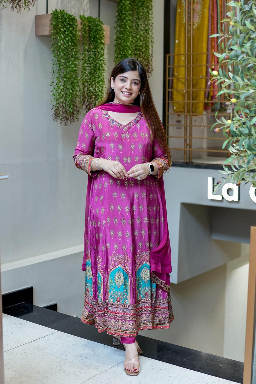 Noor-e-Gulab Chinon Handwork Anarkali Kurti Pant & Dupatta