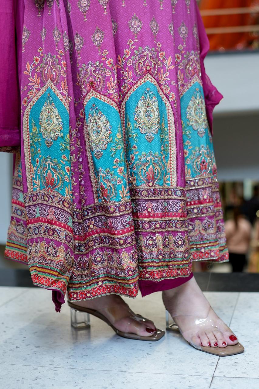 Noor-e-Gulab Chinon Handwork Anarkali Kurti Pant & Dupatta