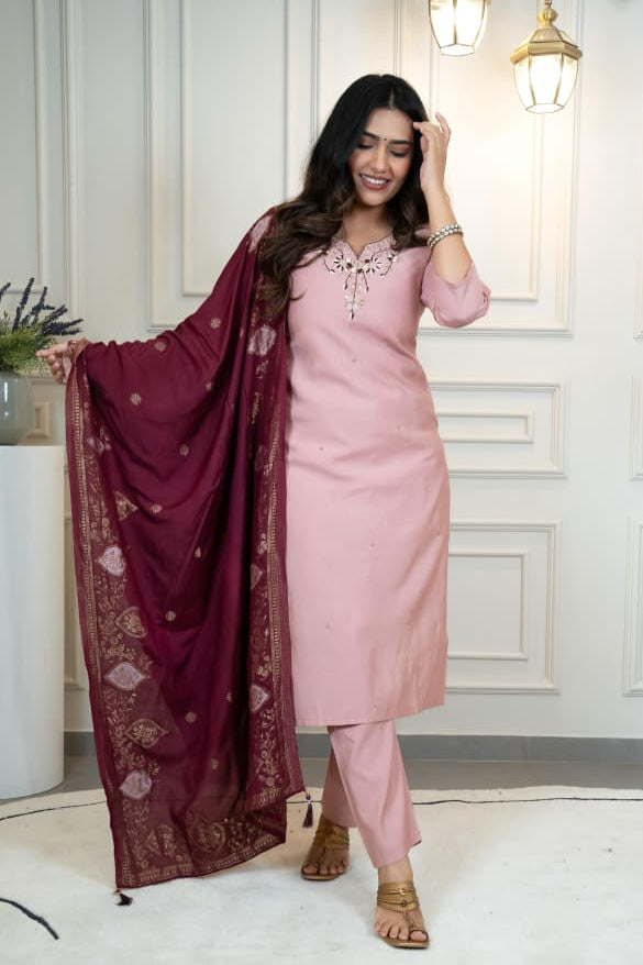 Gulabkari Charm Roman Silk Handwork Suit Set