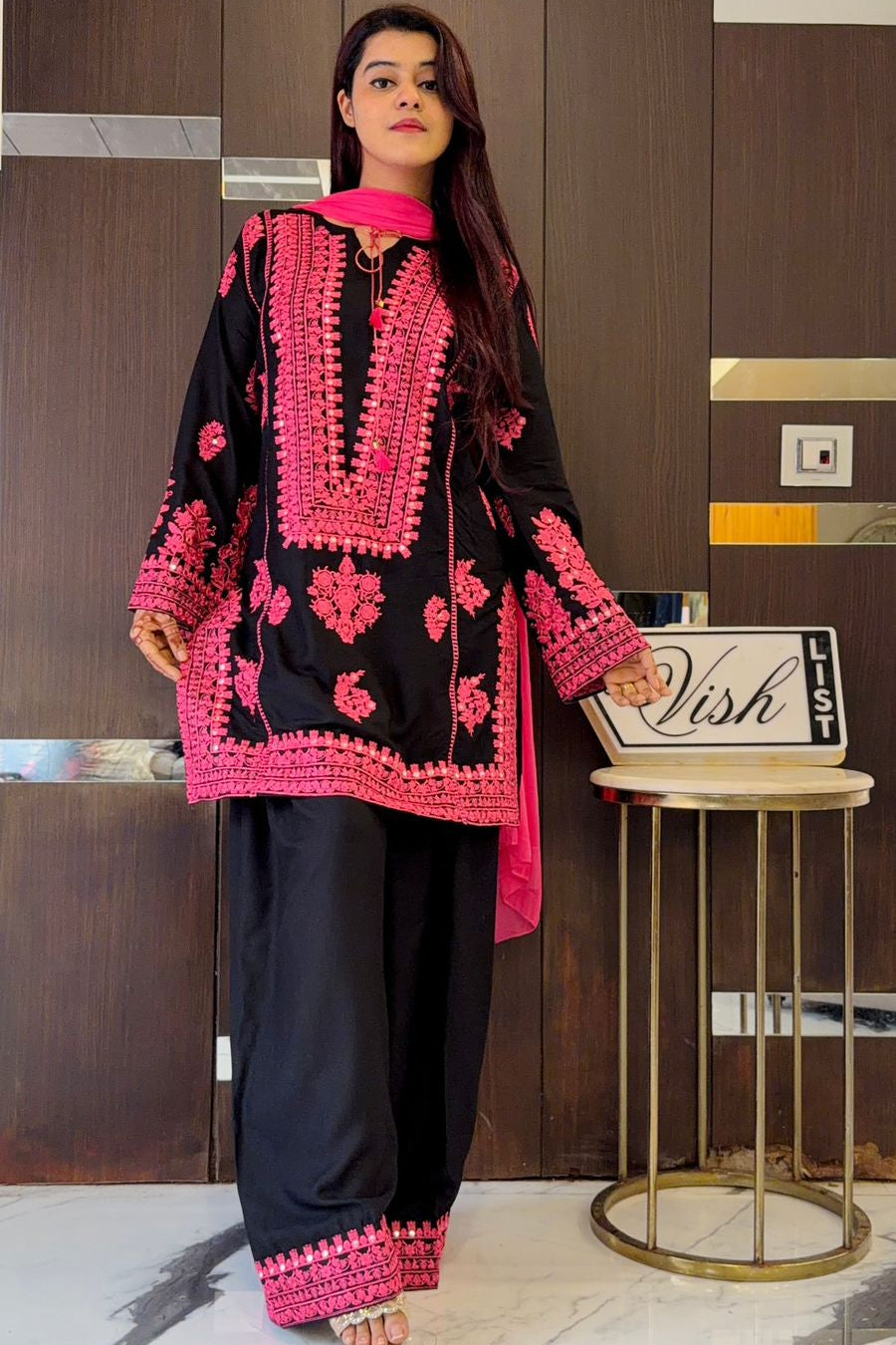 Noor-e-Ziya Black Crepe Silk Mirror Work Kurti Pant Dupatta Set