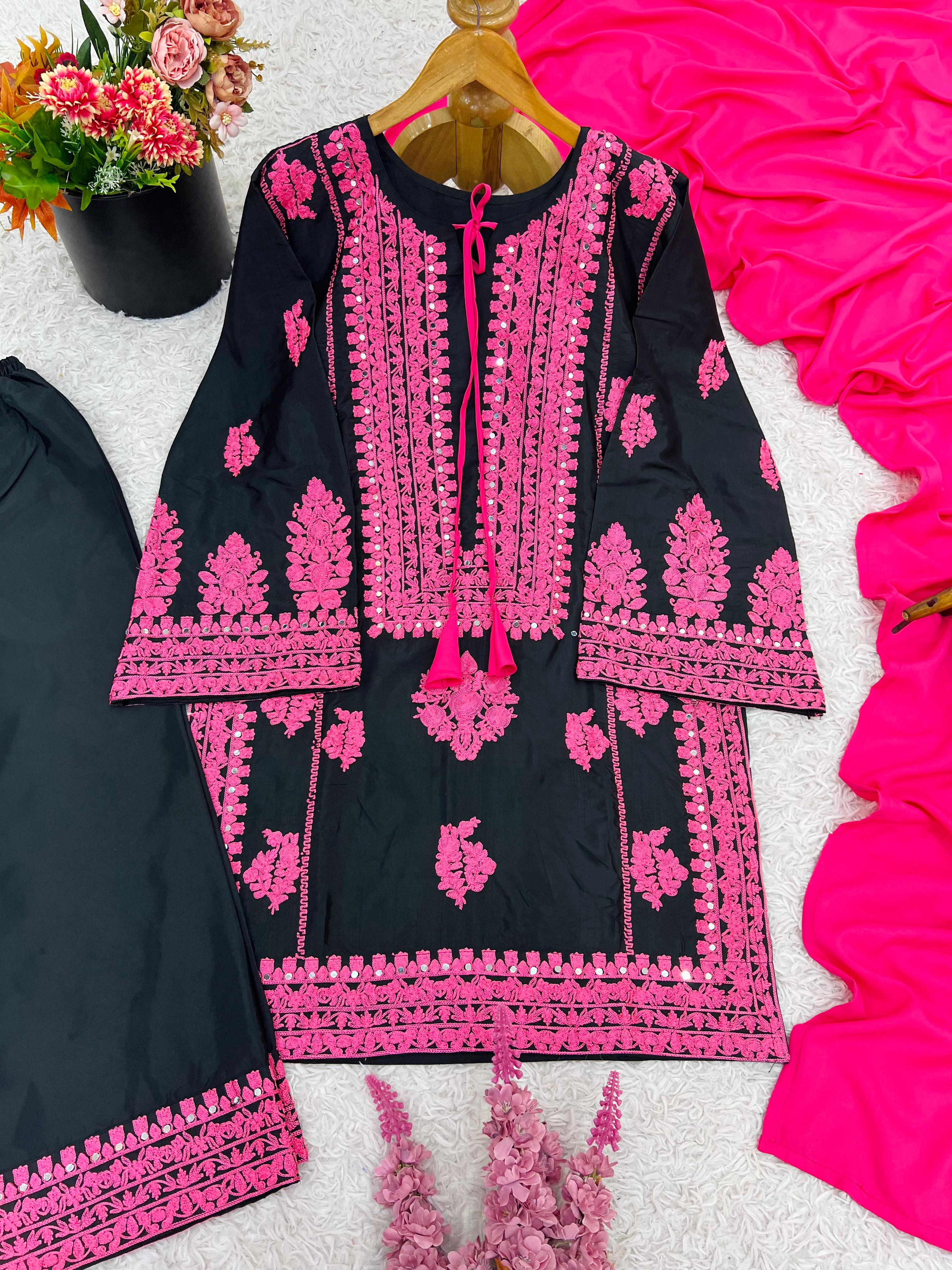 Noor-e-Ziya Black Crepe Silk Mirror Work Kurti Pant Dupatta Set