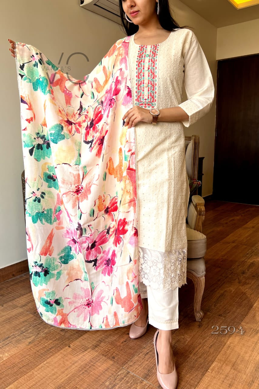 Noor-E-Nazakat White Chikankari Schiffli Cotton Suit Set