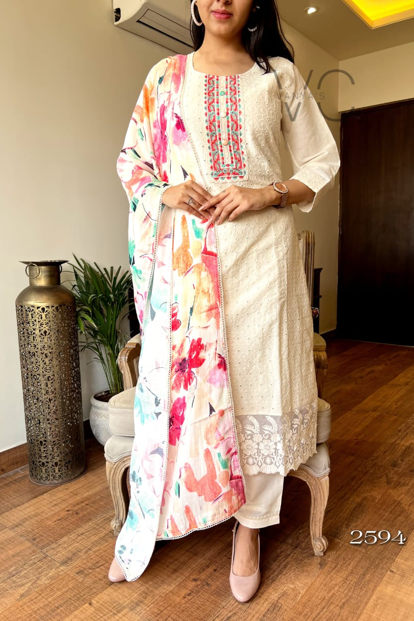 Noor-E-Nazakat White Chikankari Schiffli Cotton Suit Set