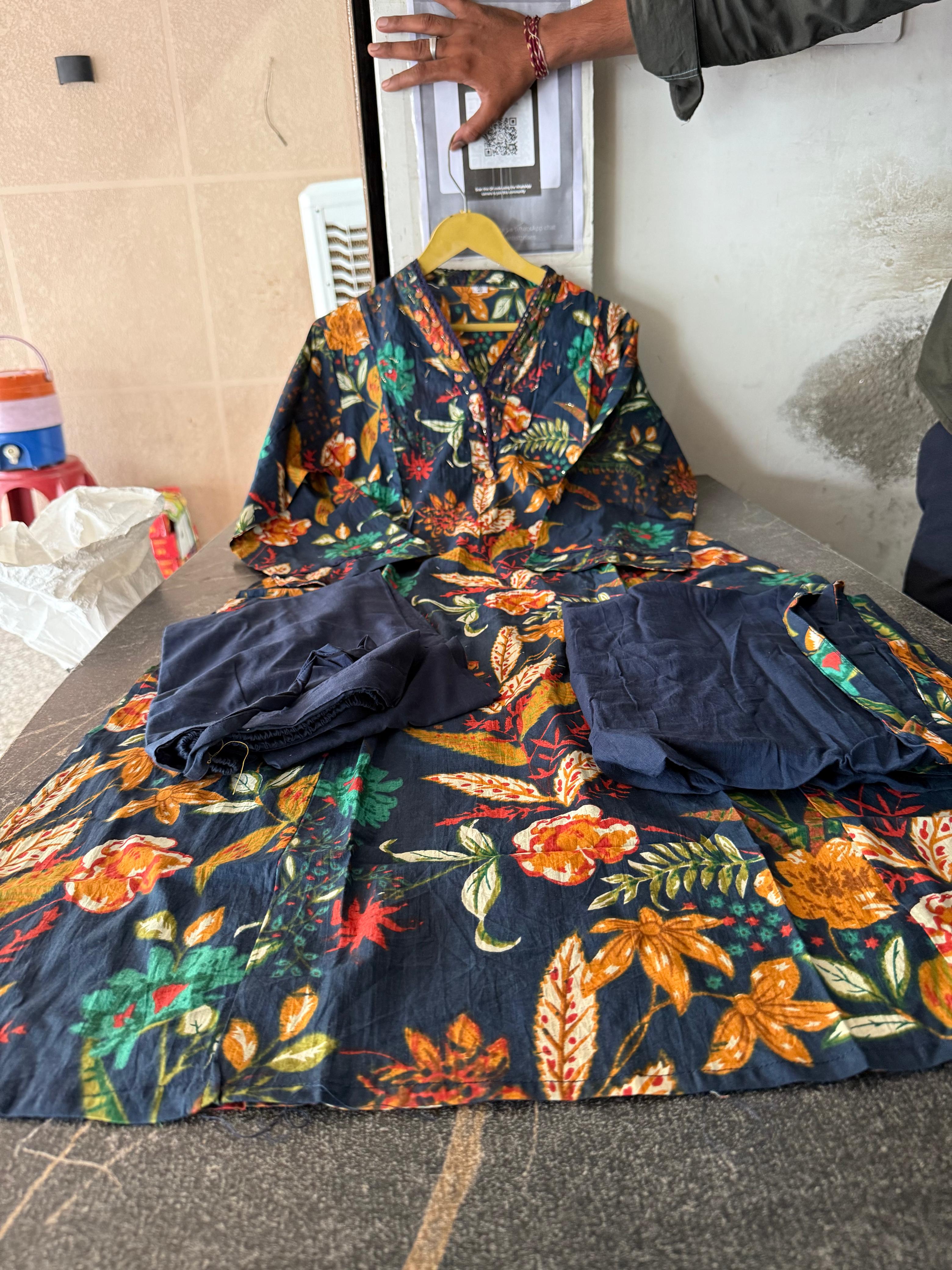 Heavy Cotton Blue Mirage A-Line Kurti Set