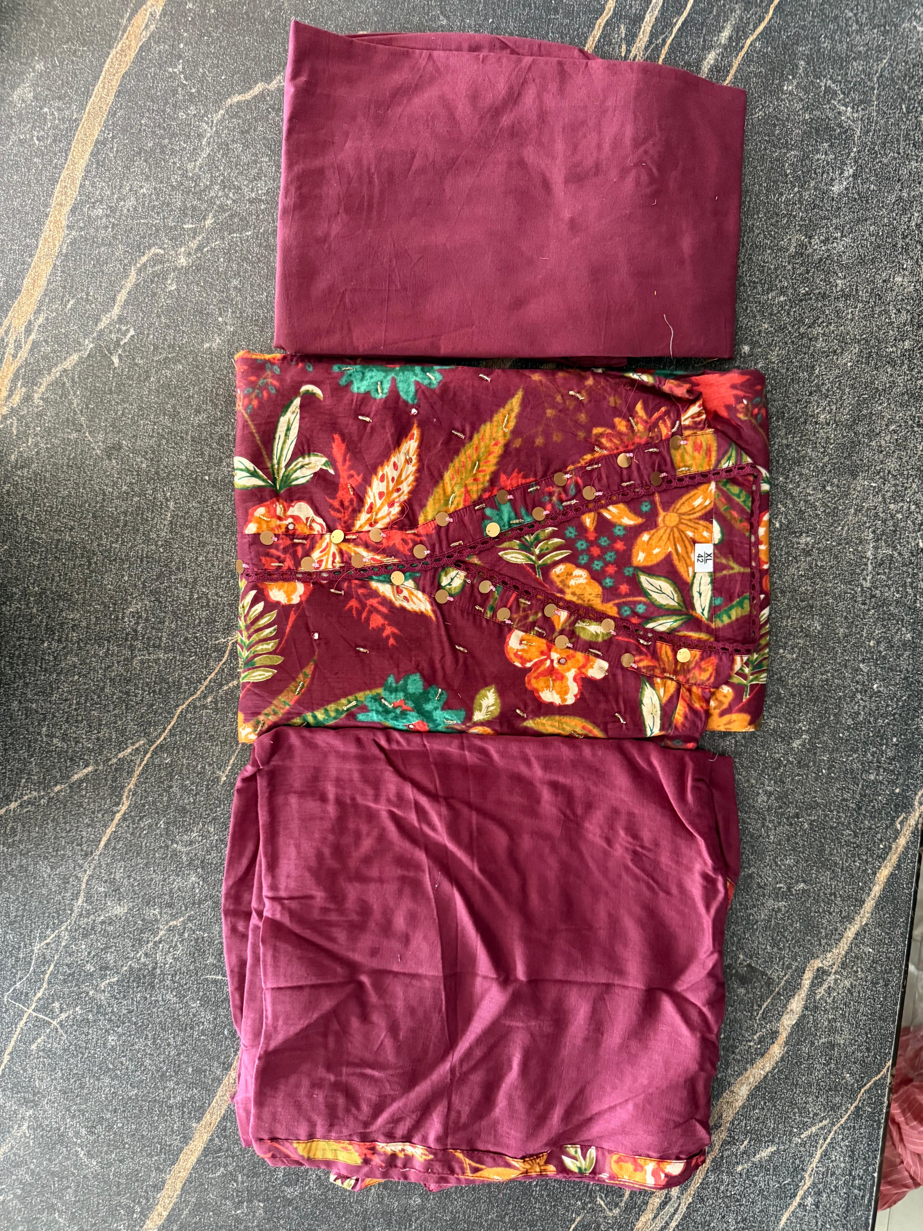 Heavy Cotton Maroon Mirage A-Line Kurti Set