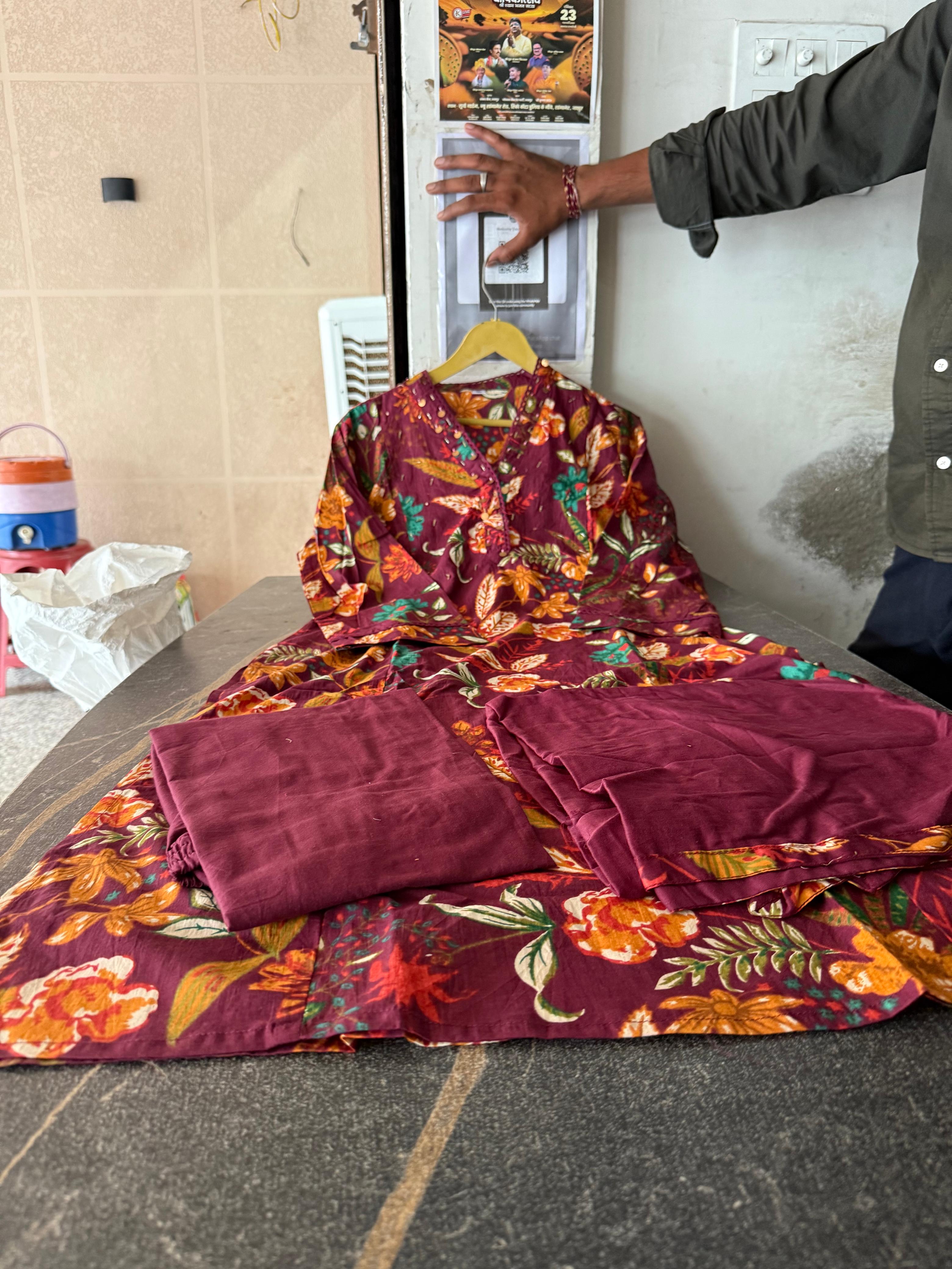 Heavy Cotton Maroon Mirage A-Line Kurti Set