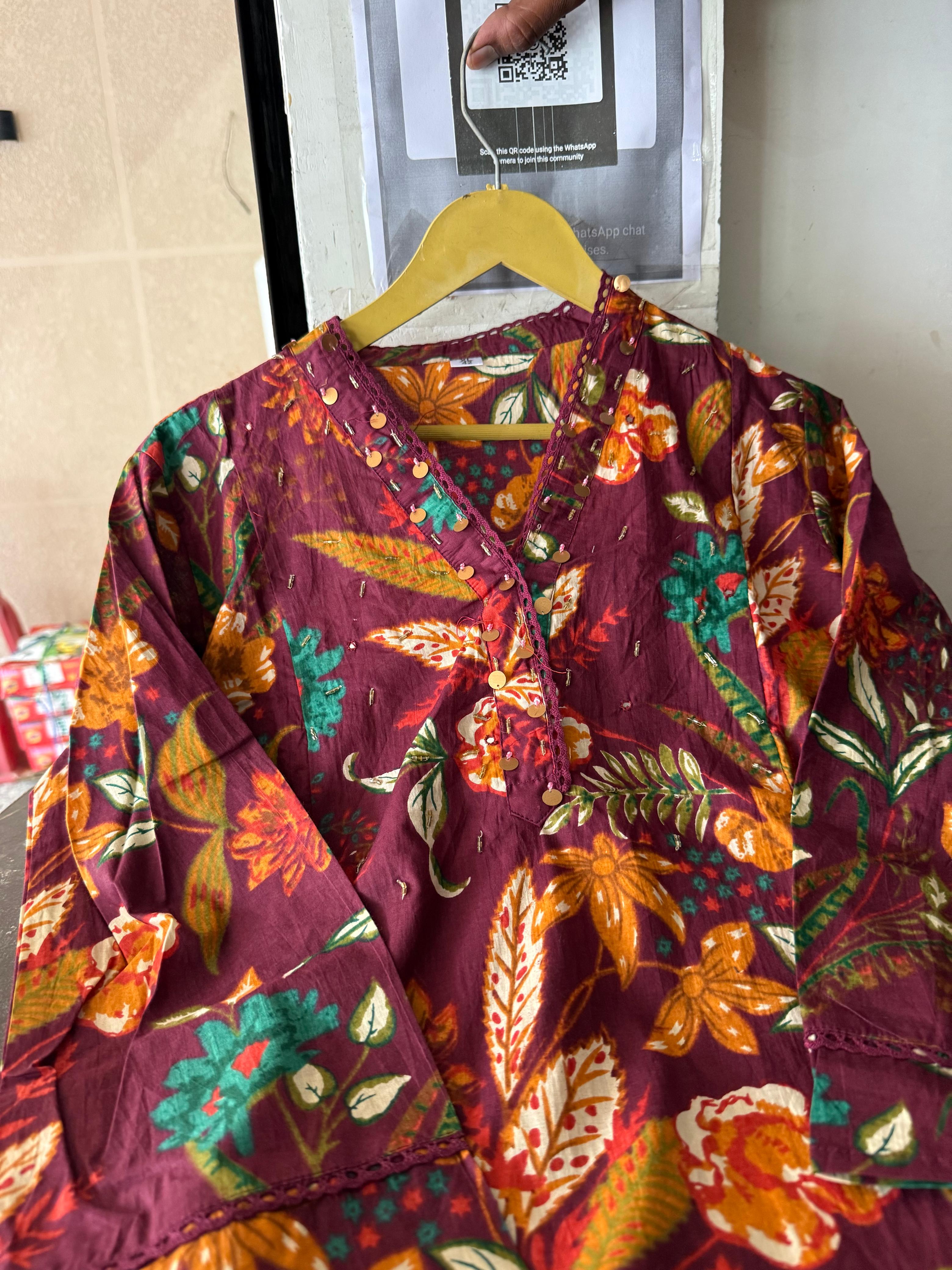 Heavy Cotton Maroon Mirage A-Line Kurti Set