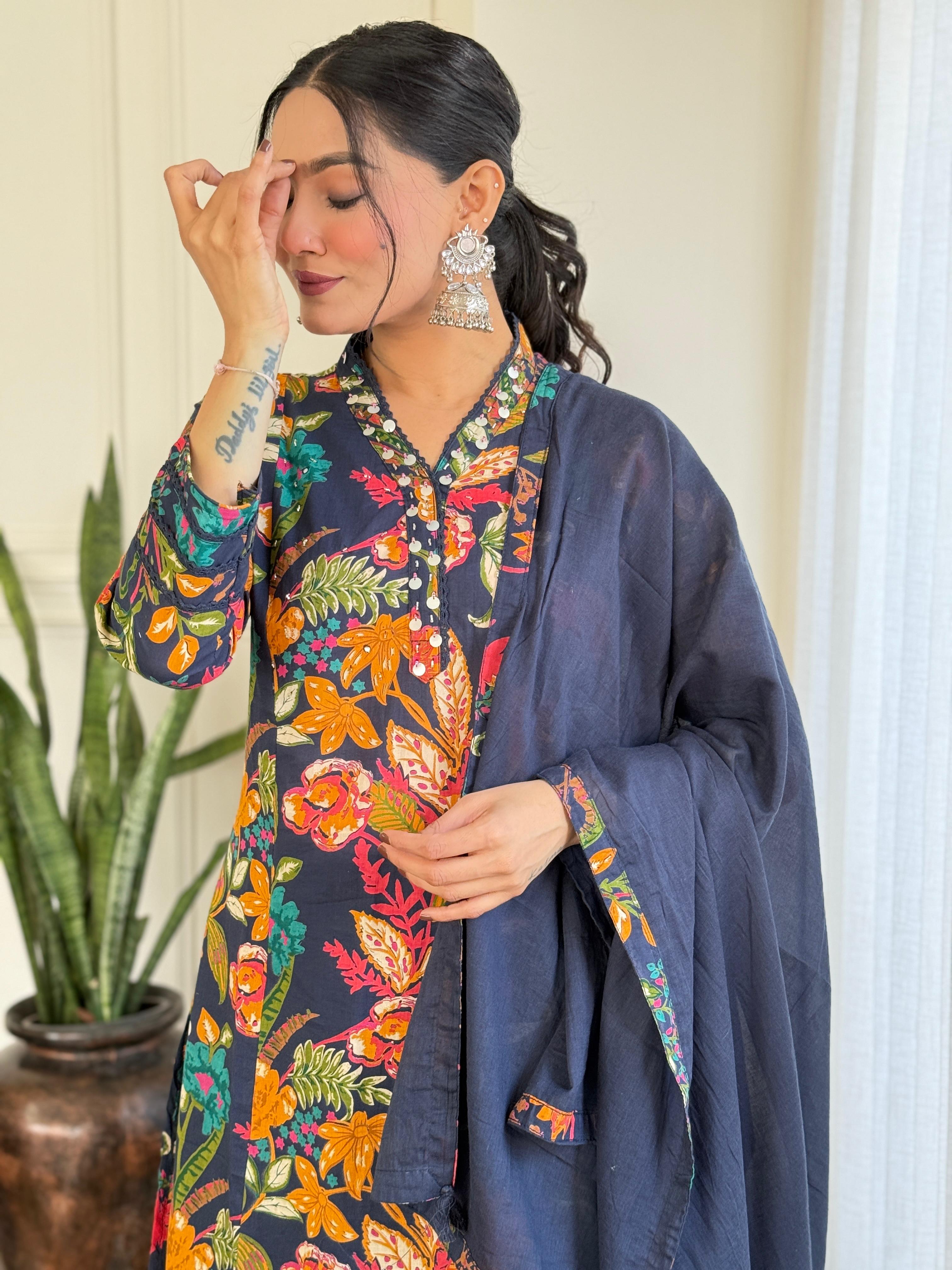 Heavy Cotton Blue Mirage A-Line Kurti Set