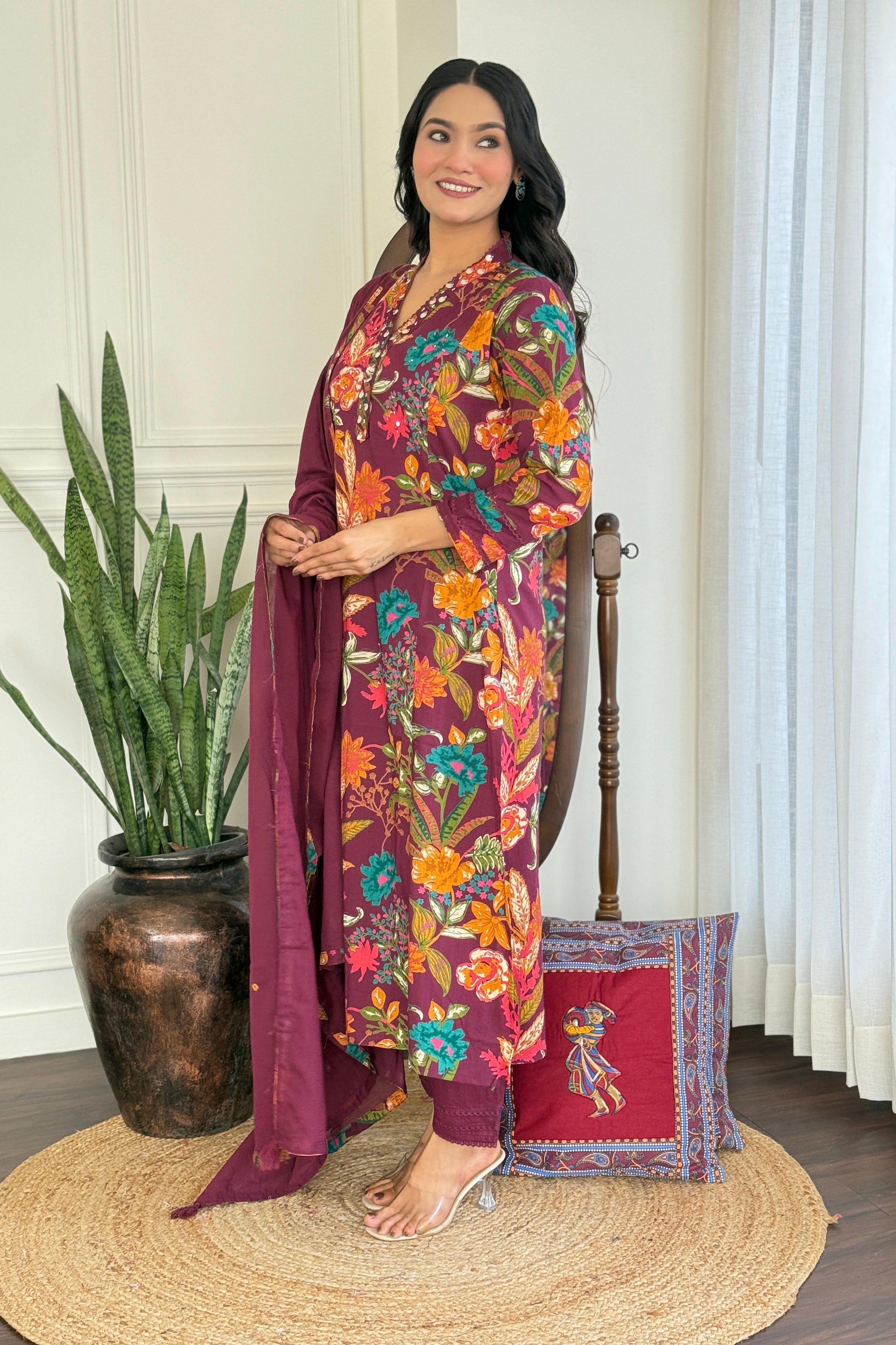 Heavy Cotton Maroon Mirage A-Line Kurti Set