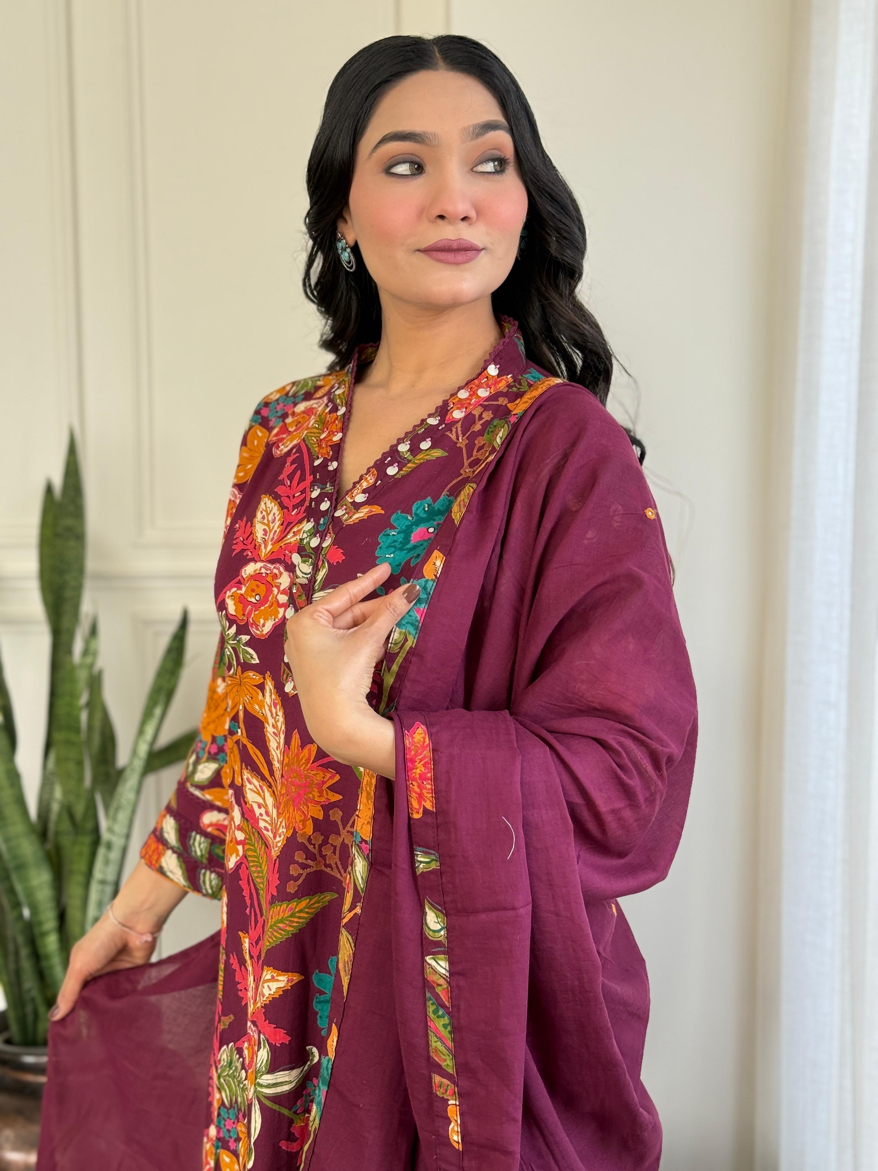 Heavy Cotton Maroon Mirage A-Line Kurti Set