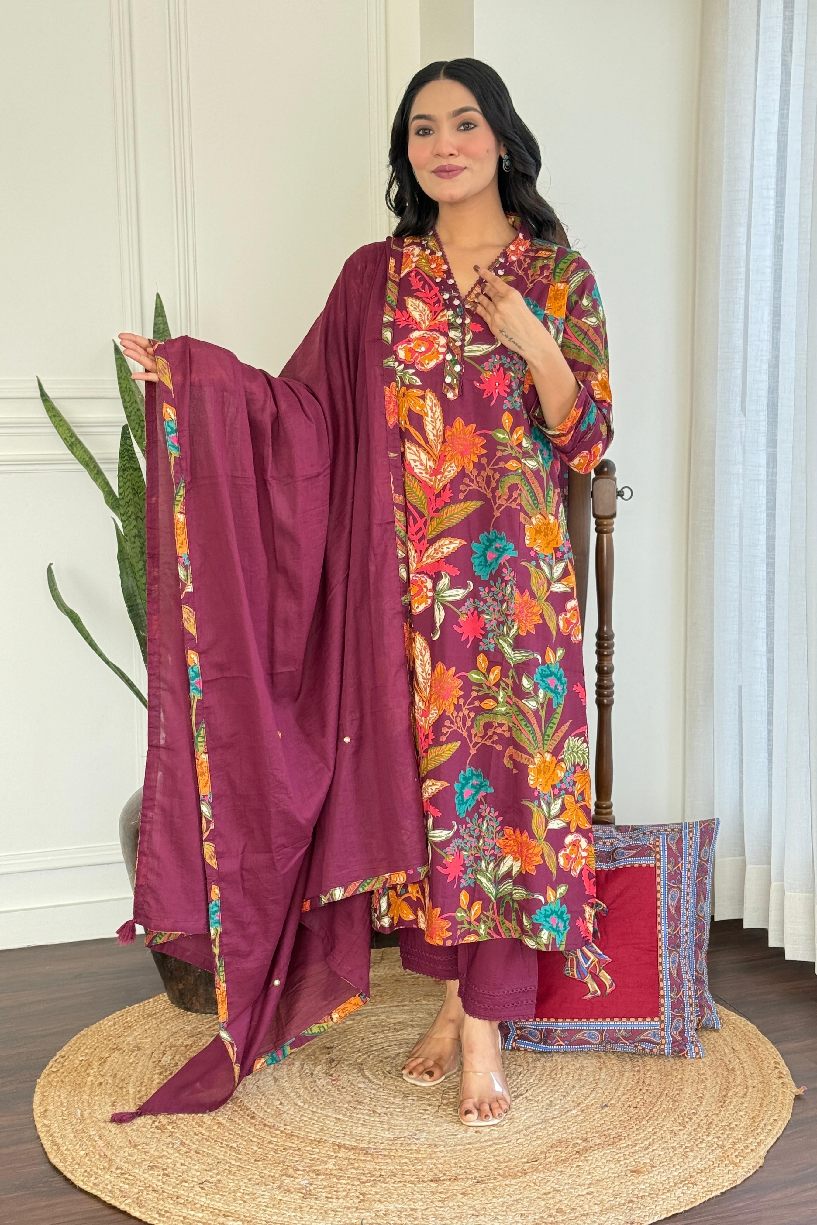 Heavy Cotton Maroon Mirage A-Line Kurti Set