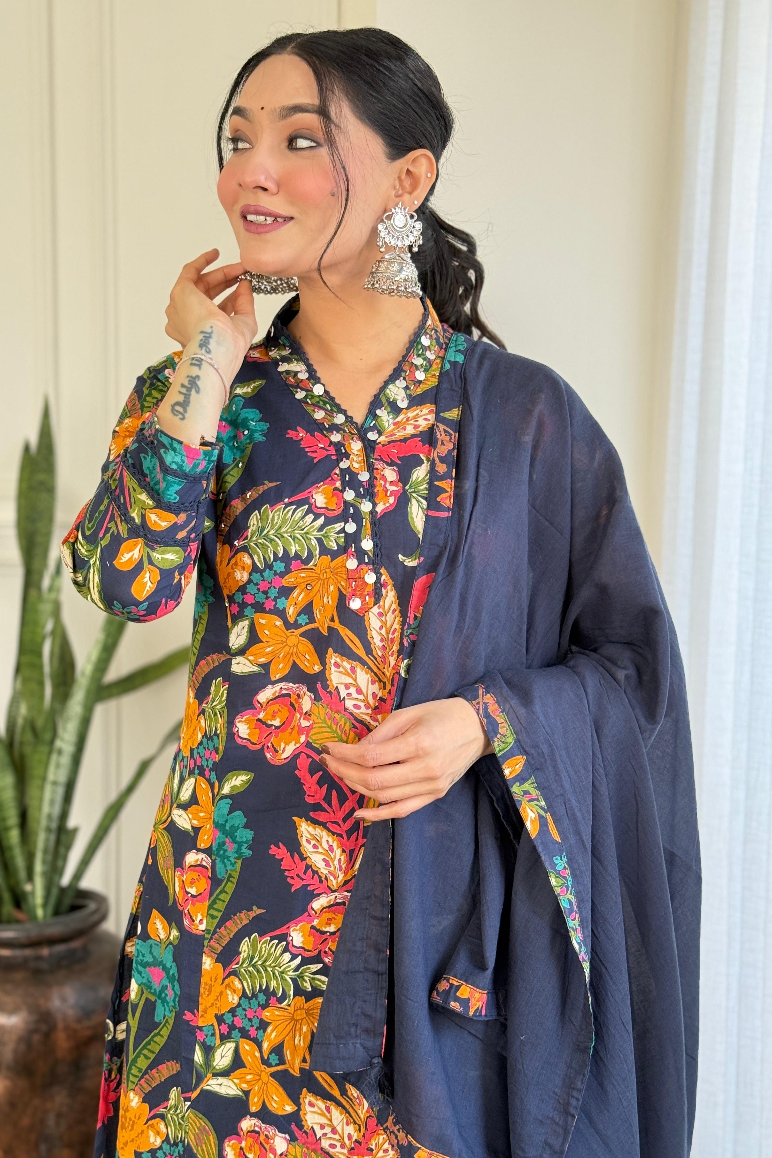 Heavy Cotton Blue Mirage A-Line Kurti Set