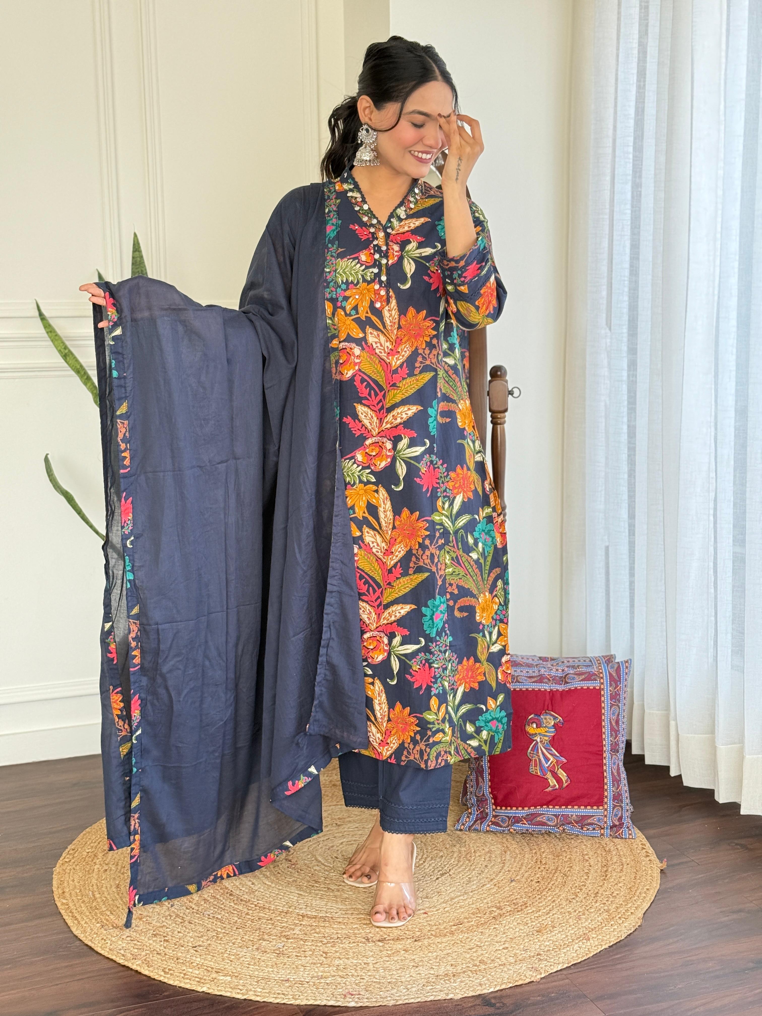 Heavy Cotton Blue Mirage A-Line Kurti Set