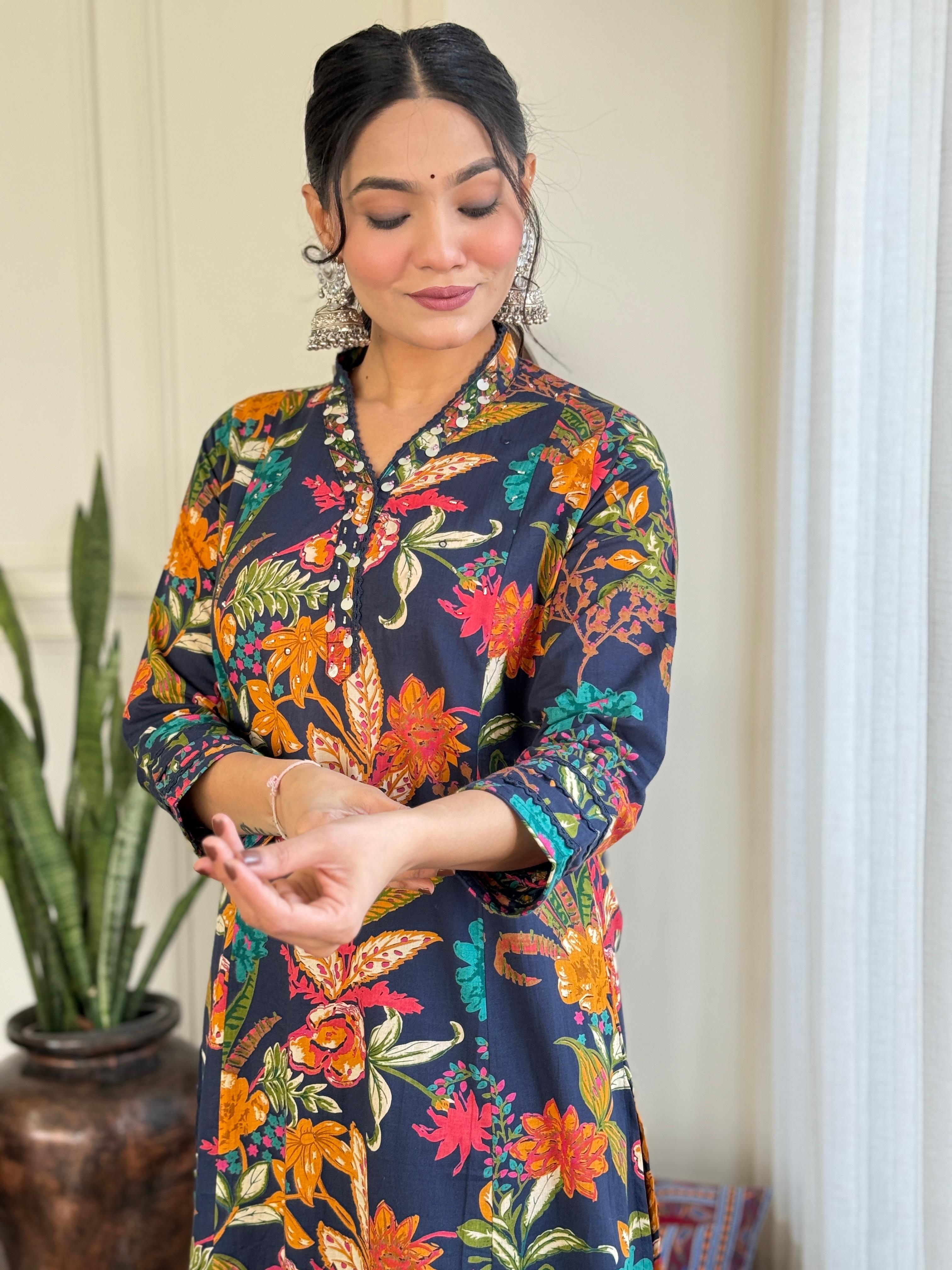 Heavy Cotton Blue Mirage A-Line Kurti Set