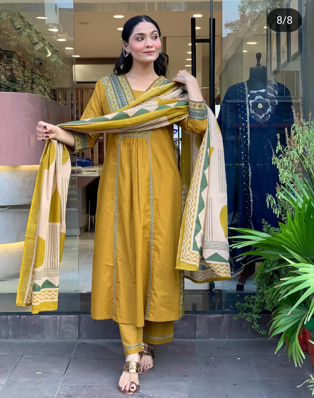 Vasanta Yellow Katha Thread & Sequin Work Cotton Slub Suit Set