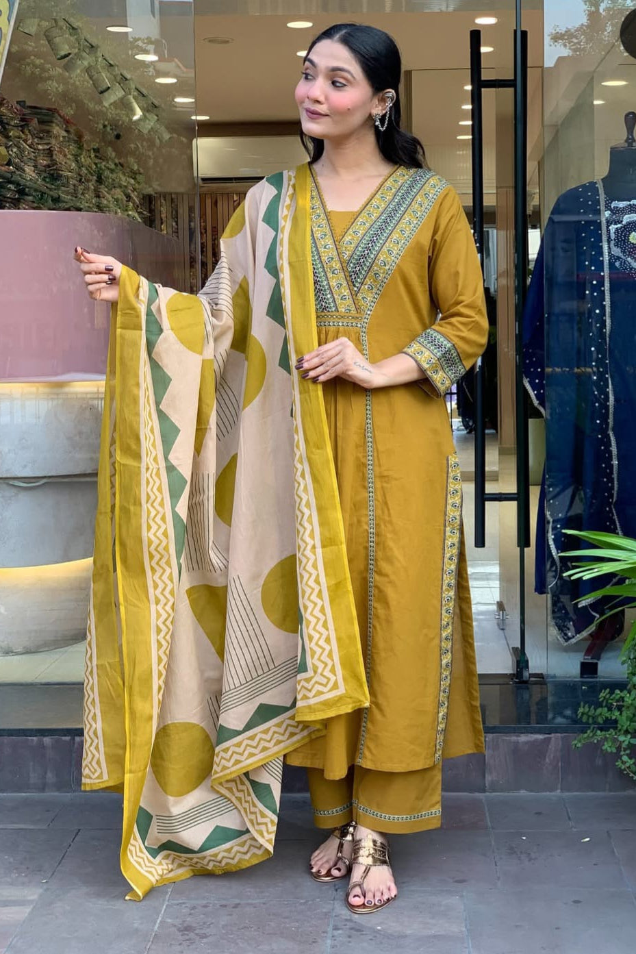 Vasanta Yellow Katha Thread & Sequin Work Cotton Slub Suit Set