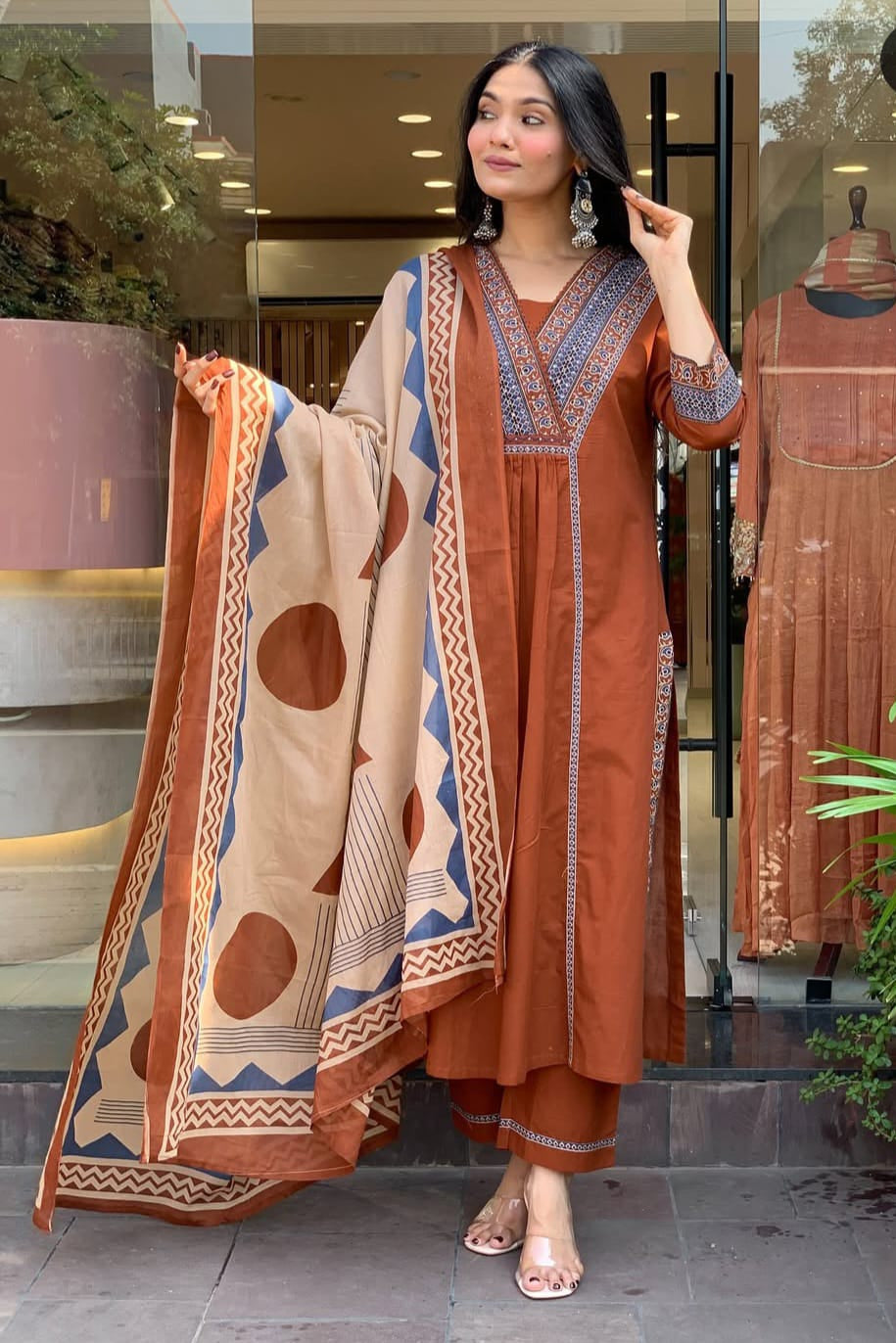 Vasanta Orange Katha Thread & Sequin Work Cotton Slub Suit Set