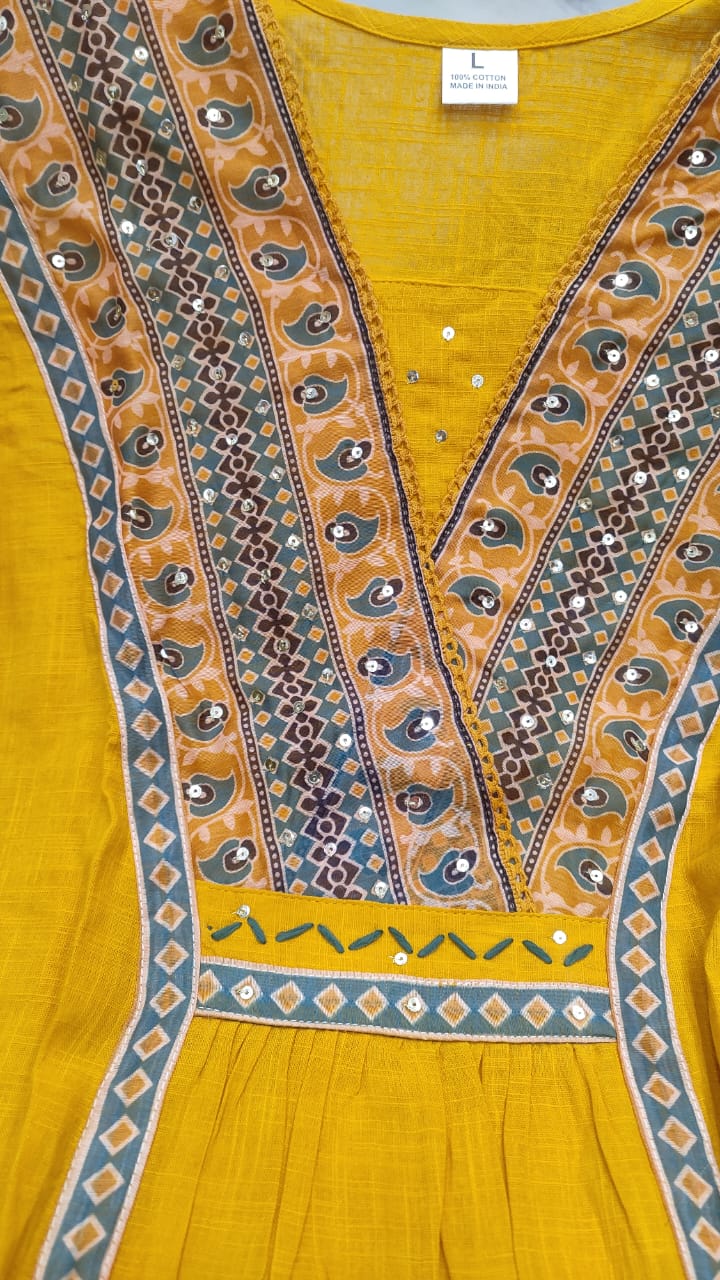 Vasanta Yellow Katha Thread & Sequin Work Cotton Slub Suit Set