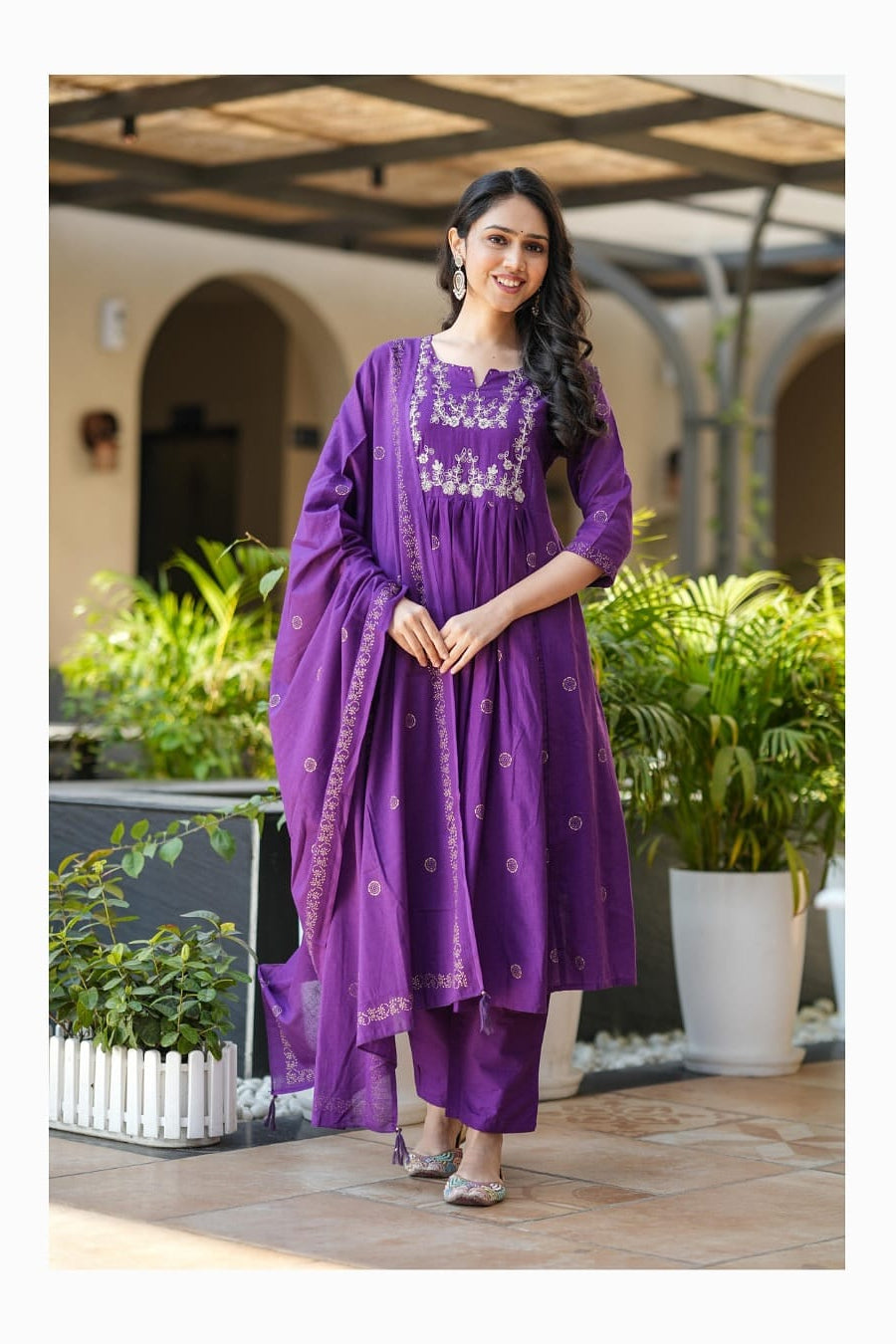 Noorani Purple Rayon Slub Embroidered Kurti Pant Dupatta Set