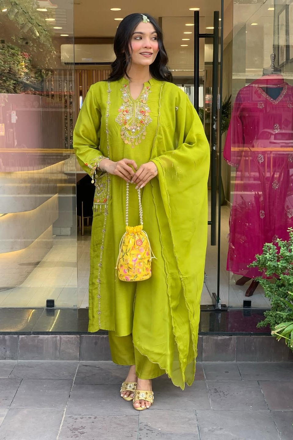 Organza Cutwork Embroidered Cotton Kurti Pant Dupatta Set