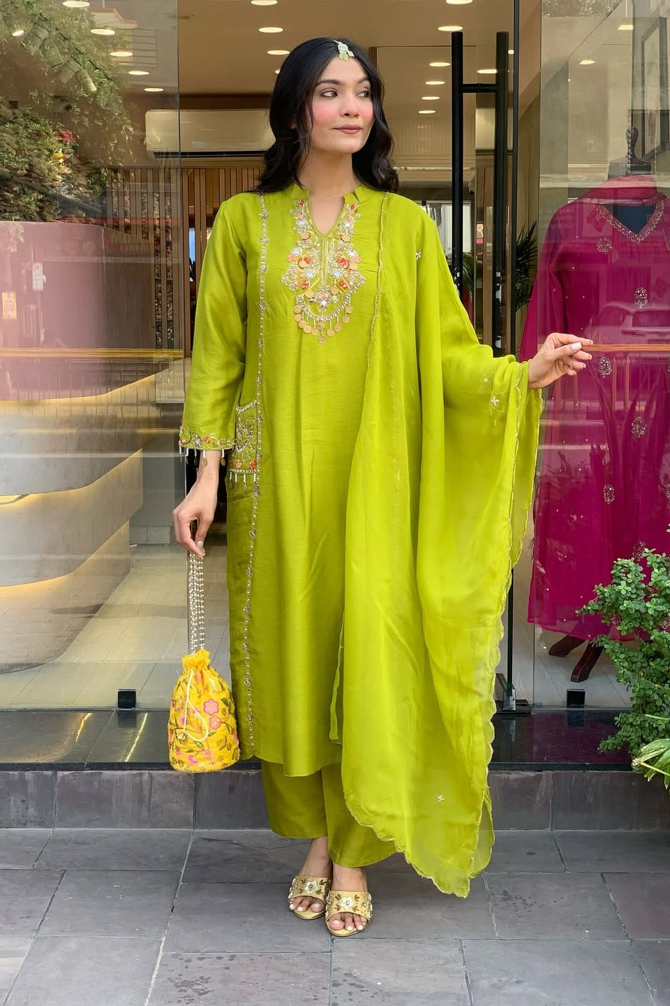 Organza Cutwork Embroidered Cotton Kurti Pant Dupatta Set