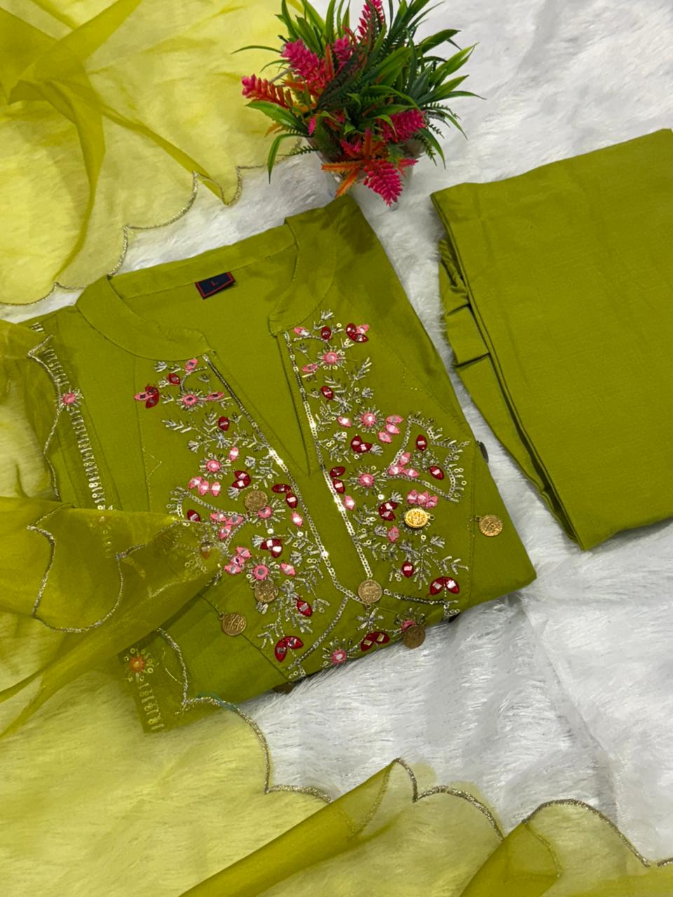 Organza Cutwork Embroidered Cotton Kurti Pant Dupatta Set