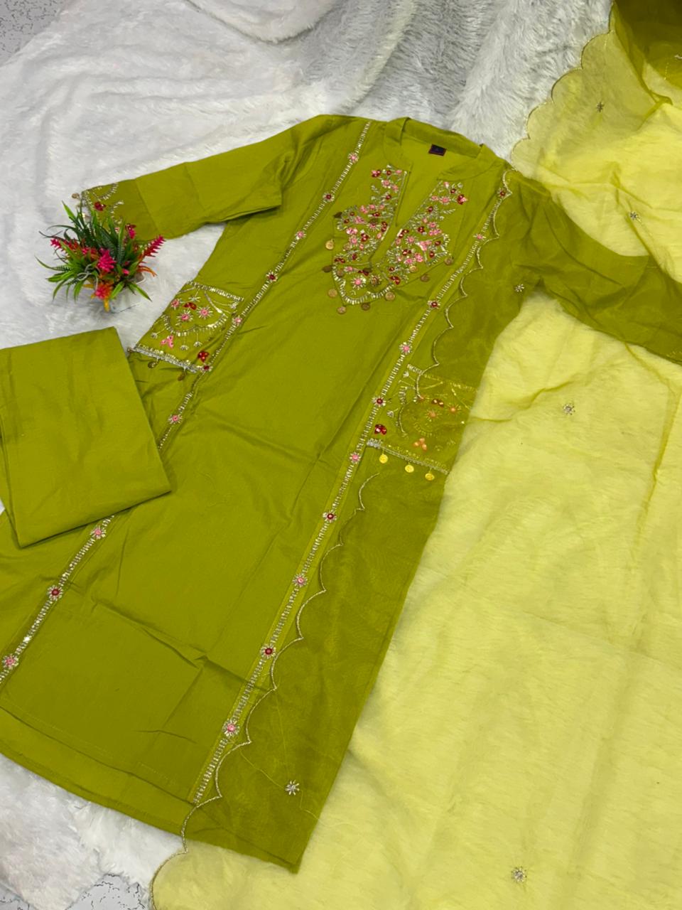 Organza Cutwork Embroidered Cotton Kurti Pant Dupatta Set