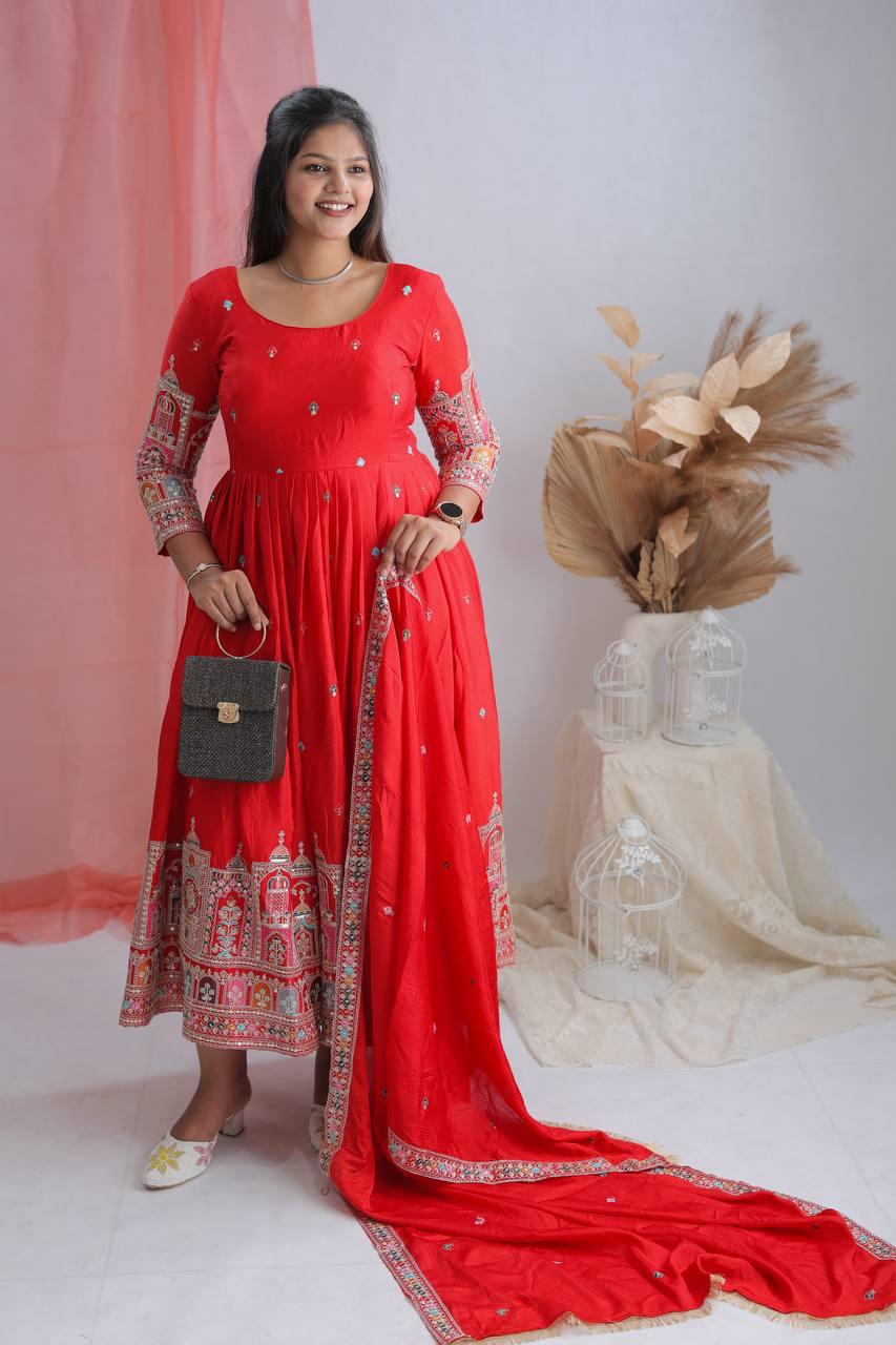 Royal Pure Chinon Silk Embroidered Gown Pant Dupatta Set