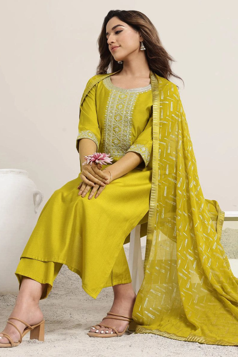 Rayon Slub Embroidered Kurta Pant Dupatta Set