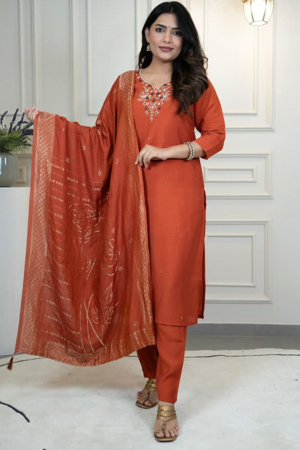 Roman Silk Handwork Kurti Pant Dupatta Set