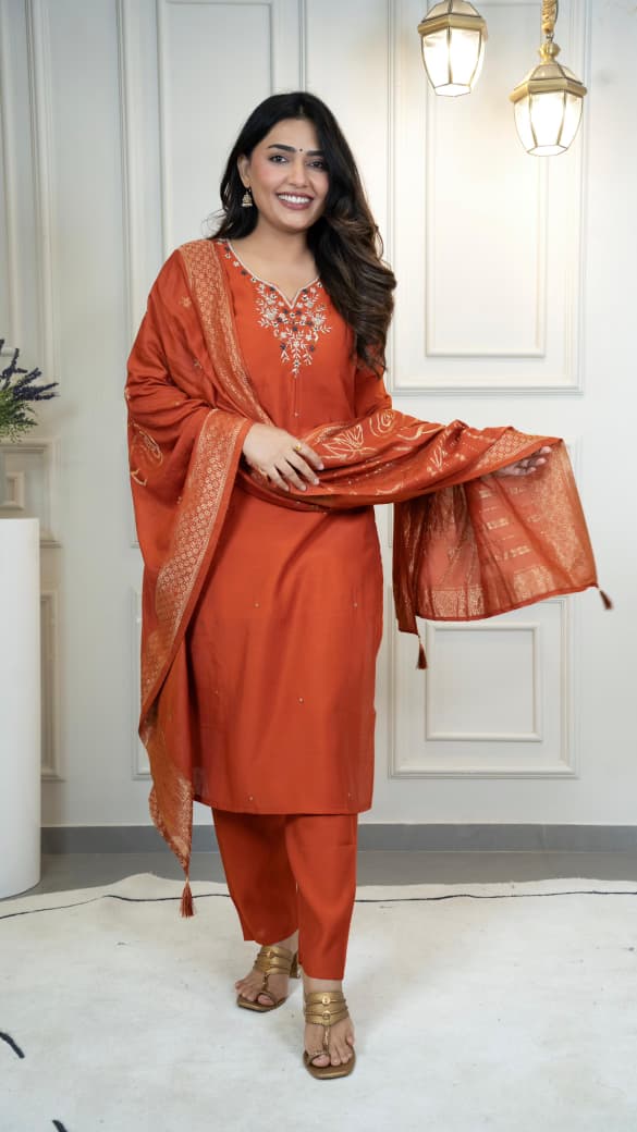 Roman Silk Handwork Kurti Pant Dupatta Set