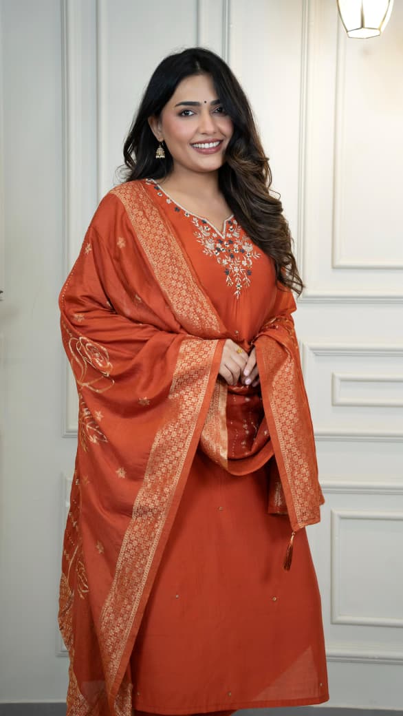 Roman Silk Handwork Kurti Pant Dupatta Set