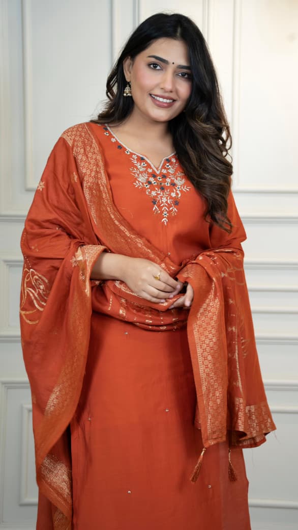 Roman Silk Handwork Kurti Pant Dupatta Set