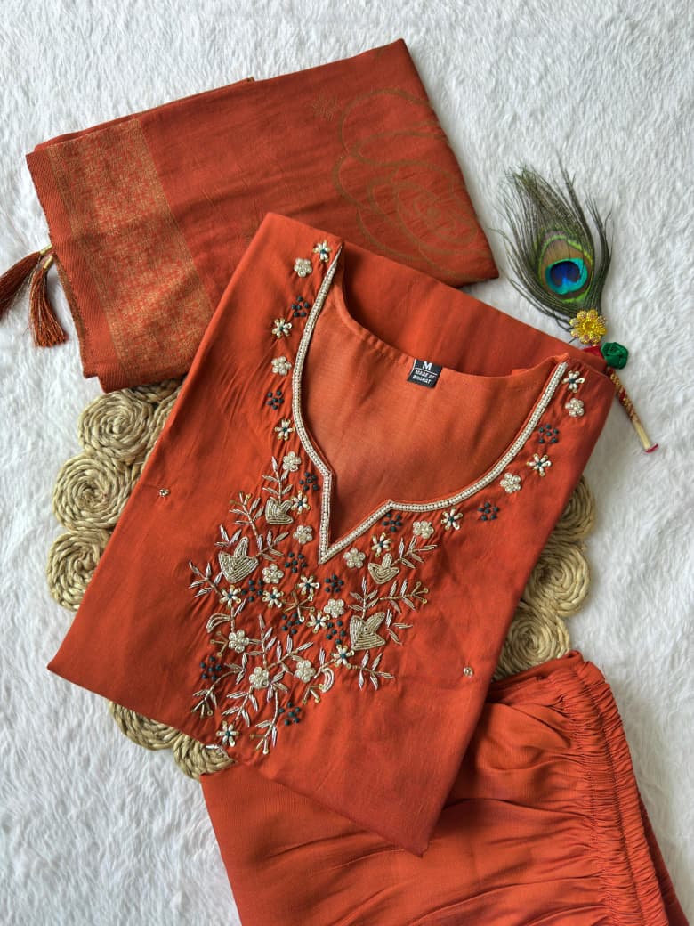 Roman Silk Handwork Kurti Pant Dupatta Set