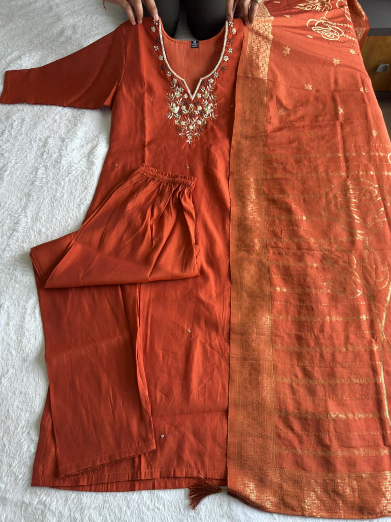 Roman Silk Handwork Kurti Pant Dupatta Set