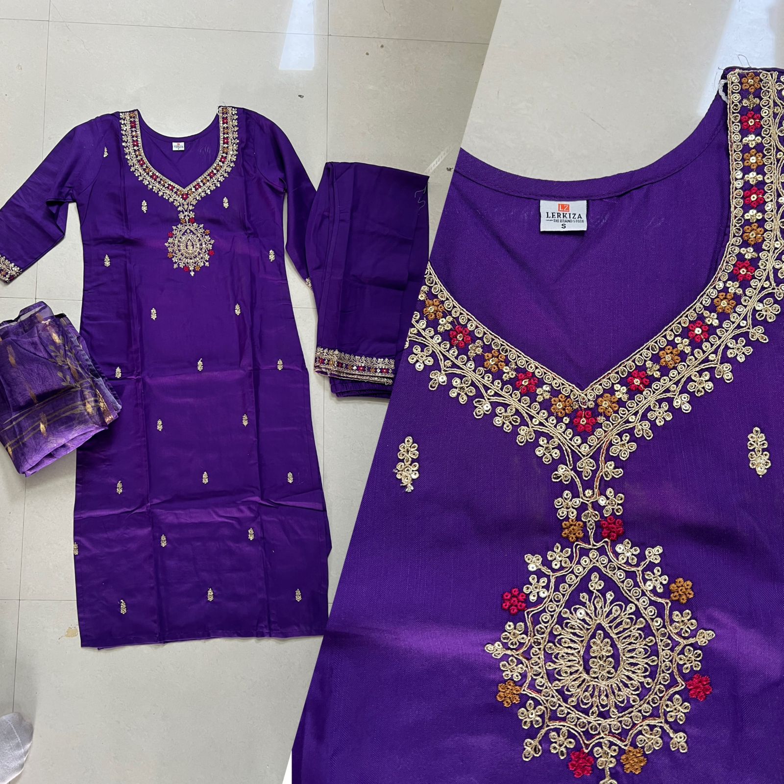 Sequins Embroidered Cotton Suit Set