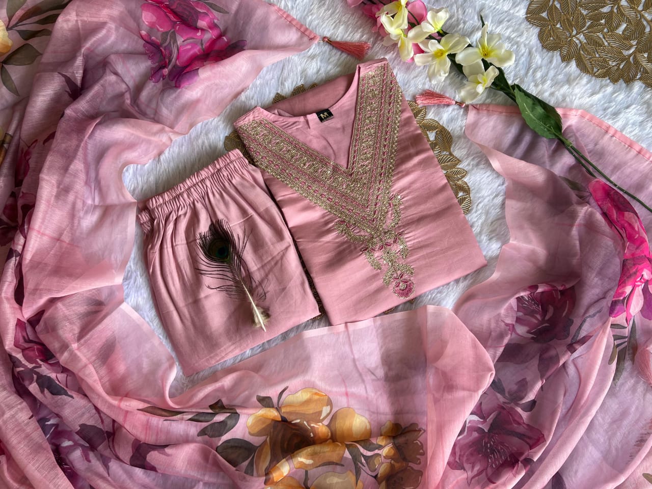 Zarina Peach Roman Silk Embroidered Suit Set