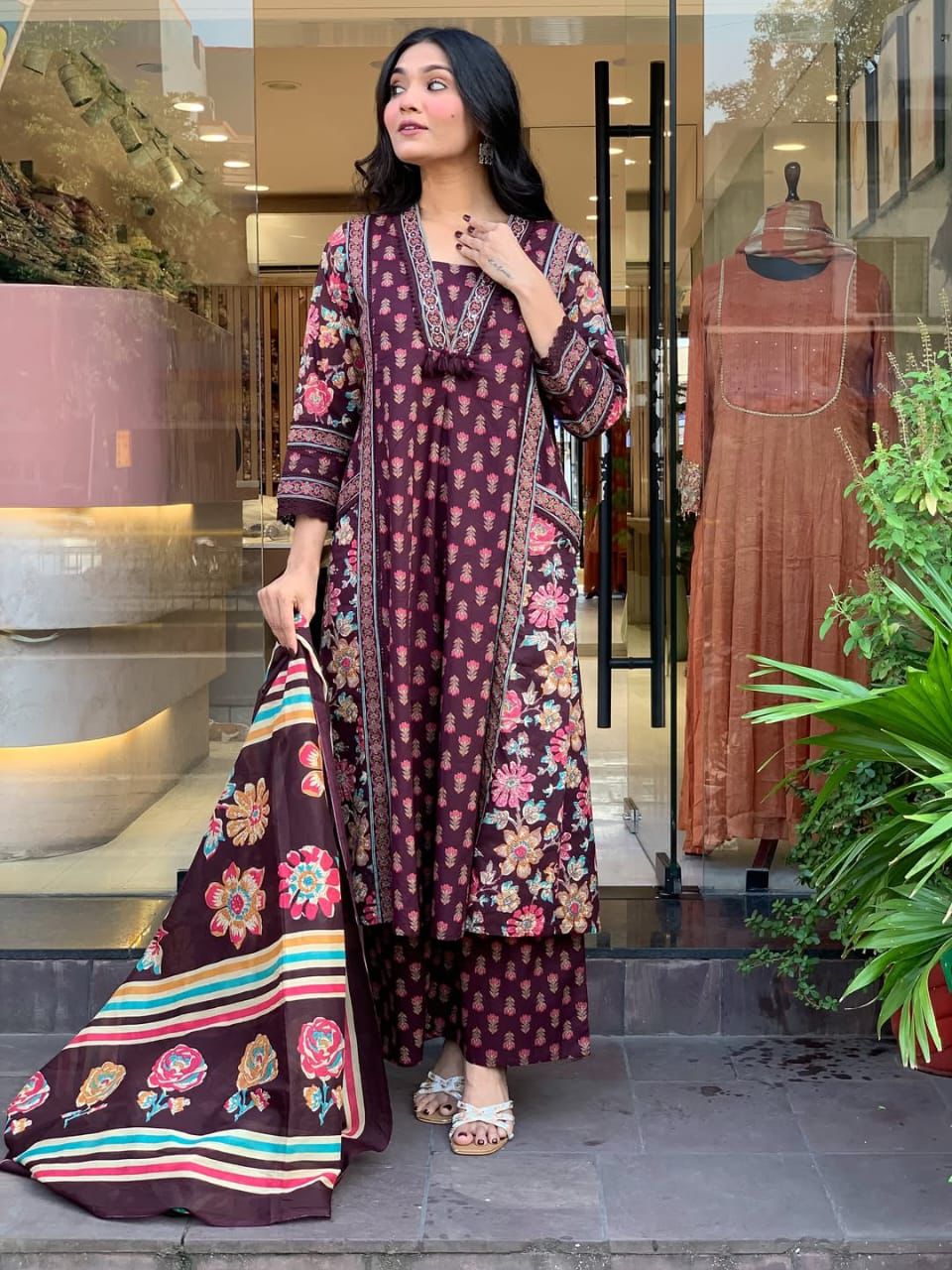 Rani Rang Angrakha Anarkali Cotton 3-Piece Set