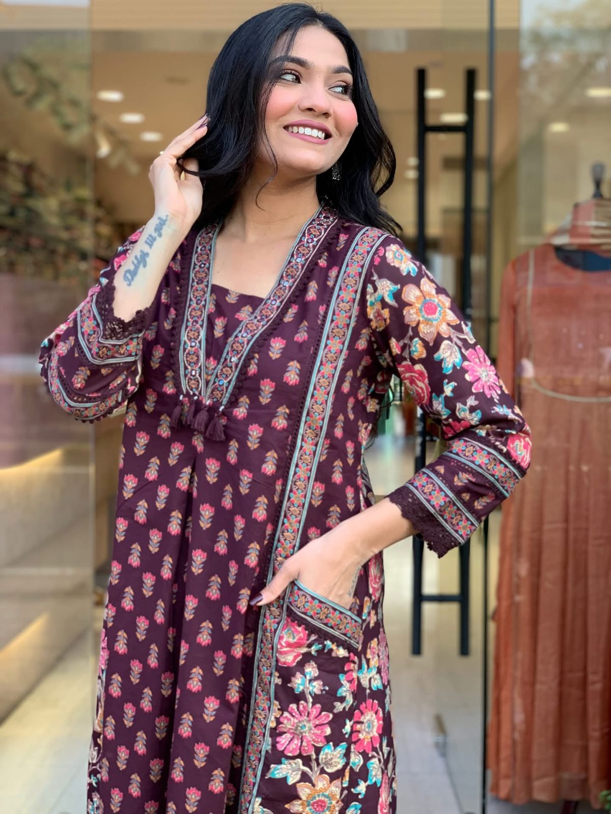 Rani Rang Angrakha Anarkali Cotton 3-Piece Set