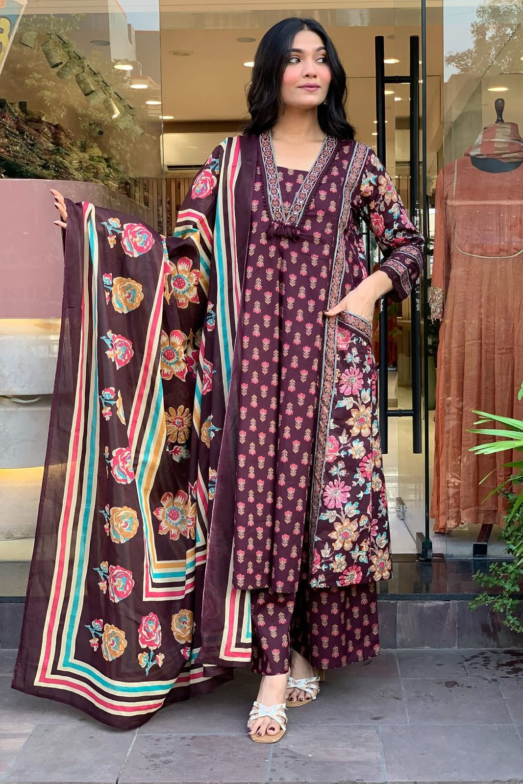 Rani Rang Angrakha Anarkali Cotton 3-Piece Set