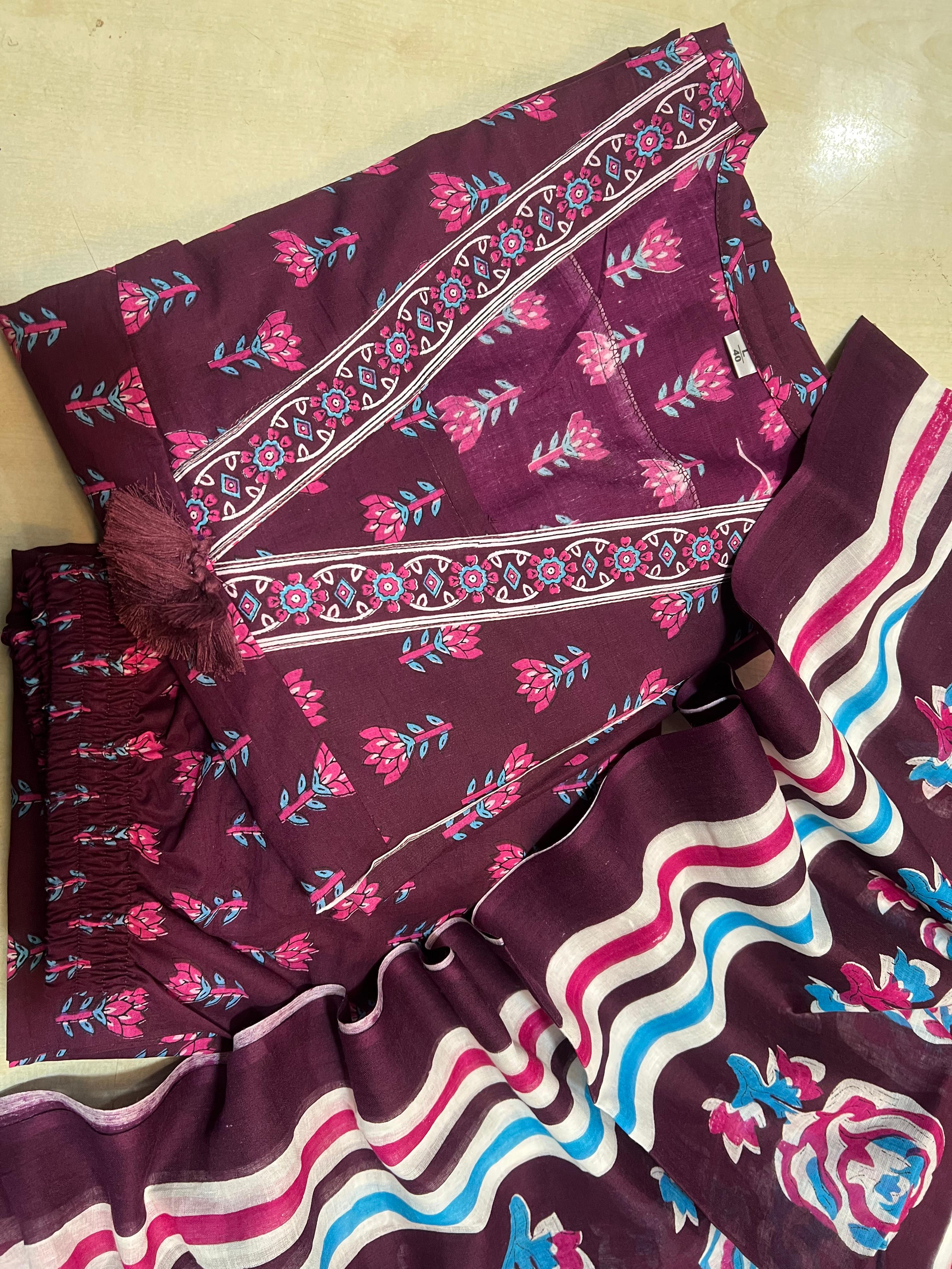 Rani Rang Angrakha Anarkali Cotton 3-Piece Set