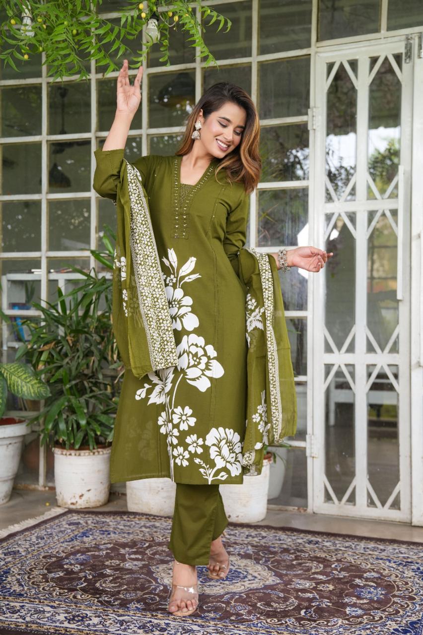 Nazaakat Handcrafted Cotton Kurti Pant Dupatta Set