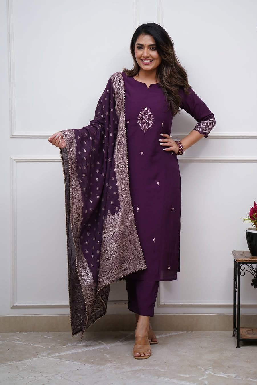 Noorvi Purple Chanderi Jacquard Suit Set