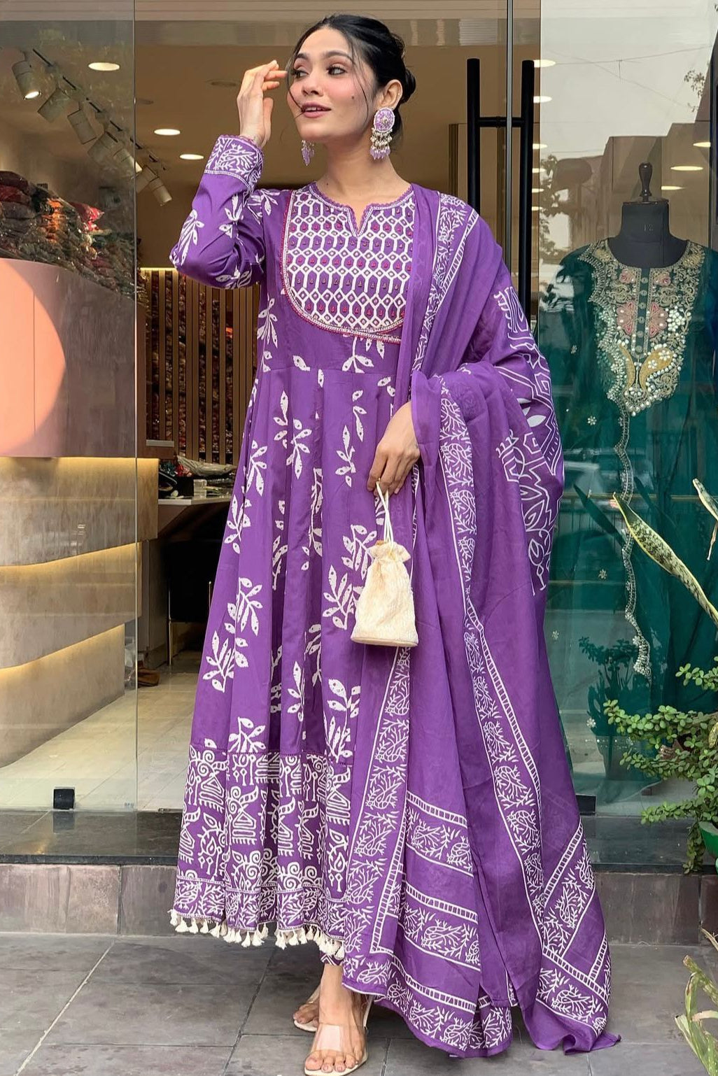 Purple Discharge Print Handwork Cotton Suit Set