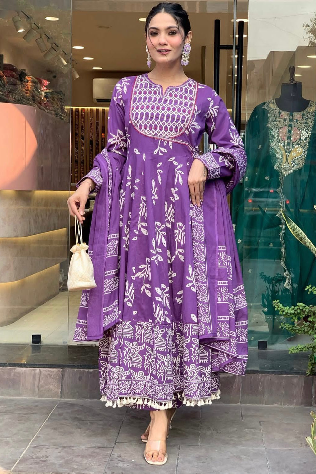 Purple Discharge Print Handwork Cotton Suit Set
